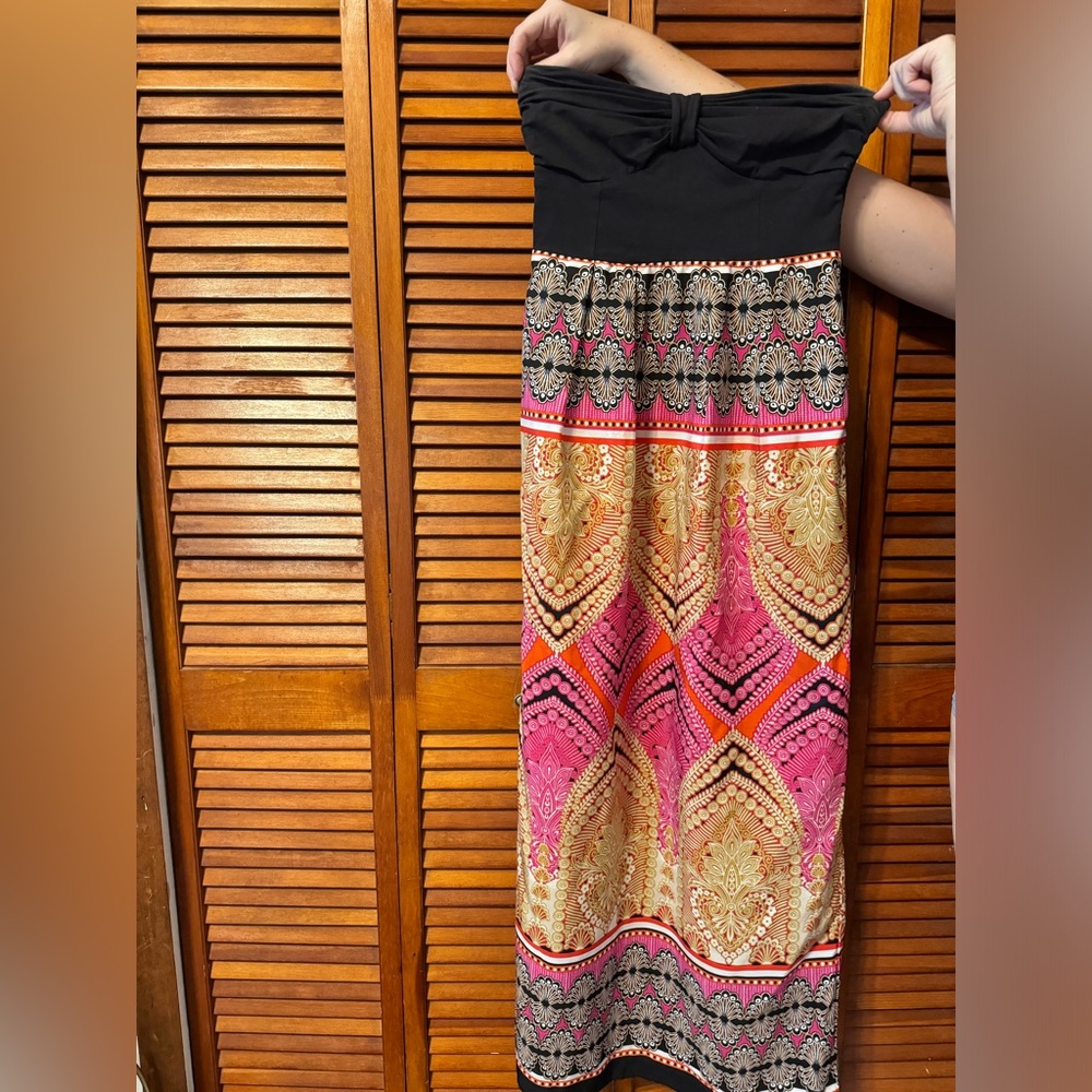 Anthropologie strapless silk print dress